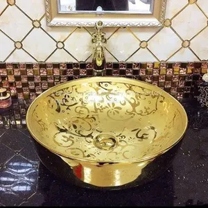 China Ceramic Bathroom Sanitary Ware Rectangle Single Hole Golden Art Luxury Table Top Wash Art Basin thumbnail-5
