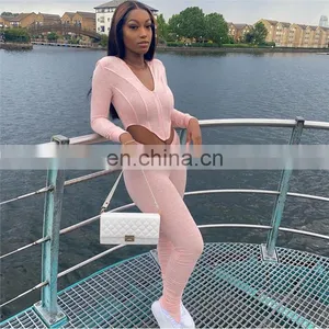 2020 Hot Sales Women Long Sleeve Hooded Clothing Set Ladies Sports Pleated Bodycon Clothing Sets thumbnail-2
