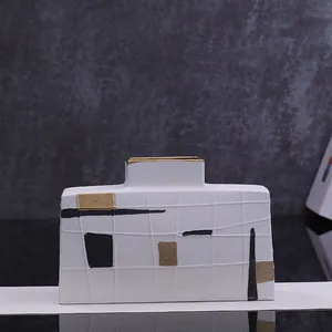 Geometric Pattern Gild Creative Unique White Square Flat Ceramic Flower Vase For Living Room thumbnail-2
