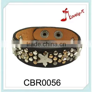 Fresh Arrival Cool Wide Round Punk Wraps Riveted Leather Crystal Bracelets With Shining Crystal,leather Wrap Bracelet thumbnail-2