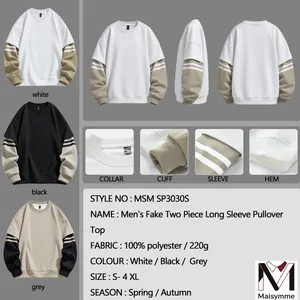 Wholesale Men's Fake Two Piece Long Sleeve Pullover Top 220g 100% Polyester Spring Autumn Casual Sweatshirt thumbnail-1