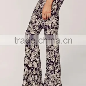 Ladies Casual Rayon Spandex Boho Paisley Print Bell Bottom Pants for Women thumbnail-3