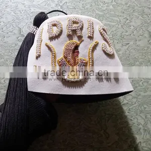 Embroidery Rhinestones Fez | Daughter of Isis White Fez Hat With Tassel | DOI Idris Temple 220 Bullion Embroidery Fez thumbnail-1