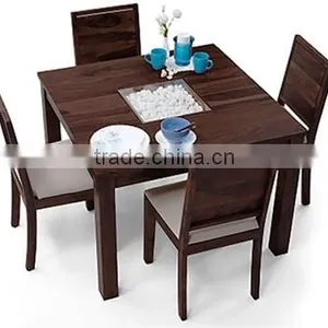 Mahogany Color Square Four Sitter Wooden Dining Table Set thumbnail-1