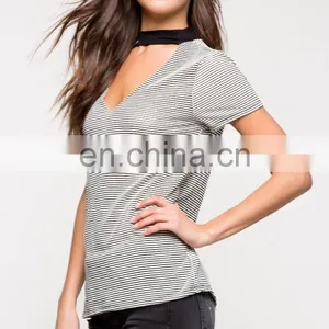 Custom Wholesale V-neck and Back Cotton Striped t Shirt for Women thumbnail-6
