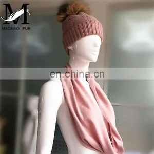 Wool Flat Knitting Beanie Pompom Hat Fashionable Lady Scarves One Piece Hat and Scarf thumbnail-5