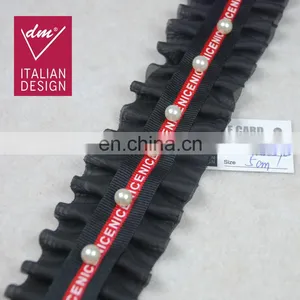 Black Color Beaded Chiffon Ruffle Pearl Trim in 2.5cm thumbnail-1