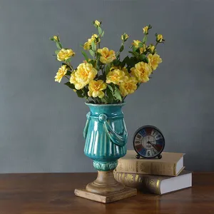 Retro European Countryside Hand Made Tall Blue Green Ceramic Flower Vase For Living Room thumbnail-3
