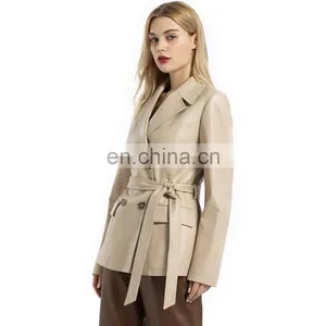 Women Genuine Leather Short Jacket Blazar With Belt thumbnail-1