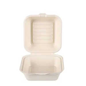 450ml Sugarcane Bagasse Biodegradable 6 Inch Clamshell Hamburg To Go Burger Box Packaging Custom Paper thumbnail-2