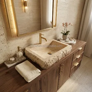 Travertine Marble Rectangular Vessel Sink Factory Direct Wholesale Customizable Hand Wash Basin OEM ODM Marble Sink for Hotel thumbnail-1