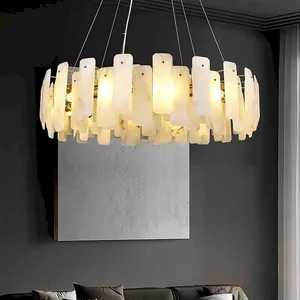 Vertical Bar Alabaster Drum Chandelier – E12 Gold Frame thumbnail-1