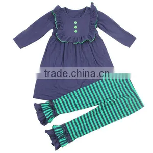 2016 Kaiyo Wholesale Ruffle Outfits Long Sleeve Bib Dress With Stripe Ruffle Pants Boutique Girl Clothing Fall Sets thumbnail-1