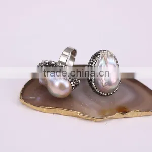 Nature Freshwater Pearl Rings, Silver Plated Metal With Crystal Zircon Paved Pearl Ring Jewelry thumbnail-2