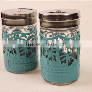 Glass Spice Jar Glass Condiment Bottle With Metal Lid Blue Metal Cover thumbnail-2
