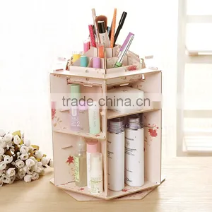360 Degree Rotating Cosmetic Box Desktop Wooden Storage Box DIY Cosmetic Storage Box thumbnail-1