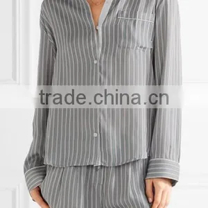 Pajamas Women Summer Long Sleeve Wholesale Custom Made in China Striped Satin Pajama Set thumbnail-2