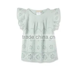 Latest Fancy Pretty Broderie Anglaise Blue Cotton Girls Top With Frilled Sleeves Kids Childerens Boutique Clothing HSd5108 thumbnail-2