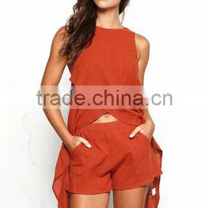 Cotton & Linen Fashionable High Low Crop Tops And Shorts Women Two Piece Sets thumbnail-2