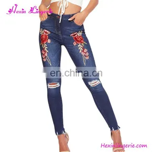 Wholesale Fashion Pants Dark Blue Ripped Embroidery Ladies Jeans thumbnail-2