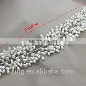 Crystal Pearl Hair Crown Tiaras Silver Leaves Headbands for Women thumbnail-4