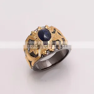 925 SOLID STERLING FINE SILVER IOLITE RING BLACK & GOLD RHODIUM thumbnail-1