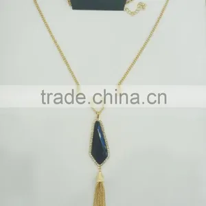 FASHION BIG STONE PENDANT NECKLACE EARRING SET WITH CHAIN TASSEL thumbnail-1