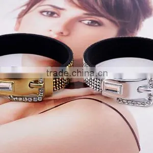 Trendy Women's Crystal Buckle Bracelet Leather/ thumbnail-4