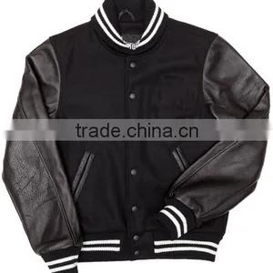 Male's Black Faux Leather Sleeves With Binding Varsity Jacket thumbnail-1