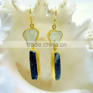 Aquamarine & Kyanite Rough Natural Gemstone Earrings, 925 Solid Sterling Silver Earrings, Designer Vermeil Dangle Earrings thumbnail-2