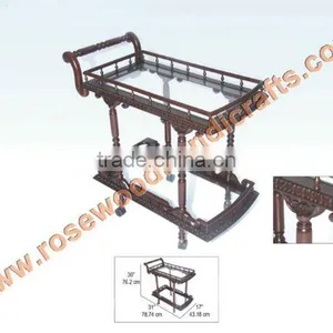 Wooden Finely Hand Carved Tea Trolly in Antique Matt Finish,Rosewood Tea Trolley,Wooden Tea Cart thumbnail-1