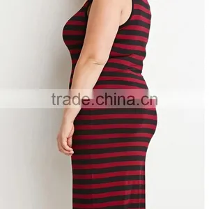 Women Plus Size Spoon Neck Sleeveless Tight Cotton Knit Stripe Tank Dress thumbnail-3