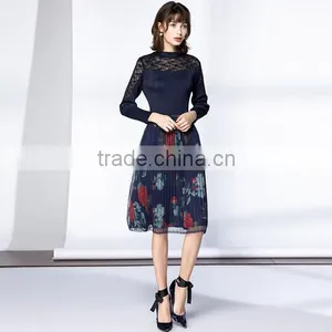 Pleat Large Sized Spring Lace Splicing Printed Dress for Women thumbnail-1