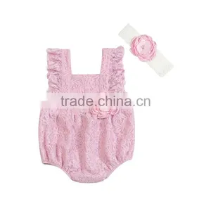 High Quality Summer Infants Fashion Jumpsuits+headband Wholesale Baby Lace Romper Set Boutique Kids Petti Lace Outfit thumbnail-1