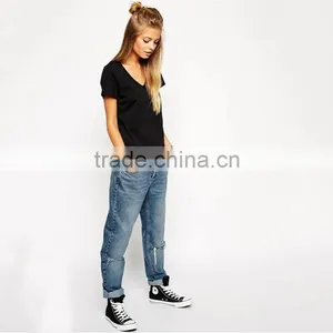OEM Service 100% Cotton v Neck Short Sleeve Women t Shirt Plain no Brand T-shirt thumbnail-3