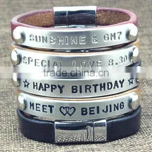 Metal Logo Tag Leather Bracelet Bangle Custom Letter Stamped Charm Leather Bangle Bracelet Promotion Leather Bracelet thumbnail-3
