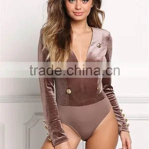 MGOO Fashion Custom Made Long Sleeves Bodysuits Velvet Breasted Tops V Neck Cocoa Polyester Spandex Blouses thumbnail-5