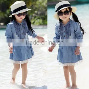 Fashion Kids Denim Blue Flower Lace Single-breasted Long Sleeve Girls Formal Dresses 20009 thumbnail-2