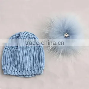Myfur China Factory Customized Winter Knit Hat for Babies With Real Raccoon Fur Ball Top thumbnail-2