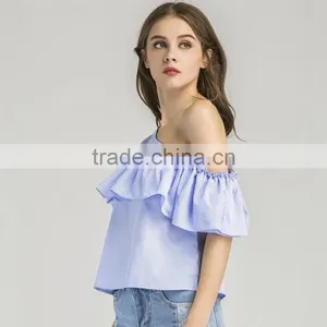 HOT Style Plaid Flouncing Short Sleeve, Women Sexy One-shoulder Blouse thumbnail-5