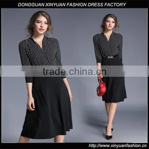 Fashion Women V Neck Vertical Stripes Office Dress Korean OL Belted Midi Dress thumbnail-1