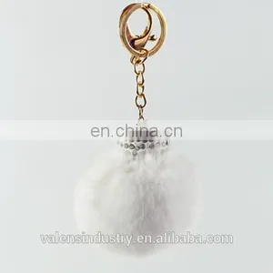 New Design Custom Faux Rabbit Fur Pom Pom Ball Keychain With Crystal Decorated for Girls' Gift Bag Accessories Car Pendant thumbnail-3