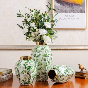 Fashion European Style Green Leaf Electroplate Gild Ceramic Flower Vase For Hallway Decor thumbnail-3