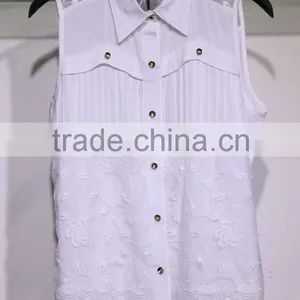 Women's Sleeveless Rayon Blouse With Lace Flower Rattan and Tucks White thumbnail-1