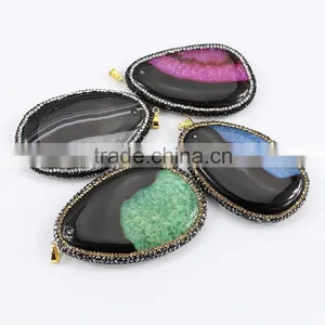 JF6901 Fashion Beautiful Crystal Paved 2 Double Colours Agate Slice Pendants thumbnail-1