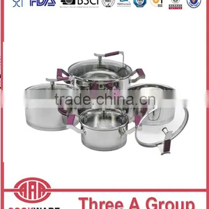 Professional 8pcs 18/8 New Design Colorful Silicone Handle Stainless Steel Cookware Sets thumbnail-1