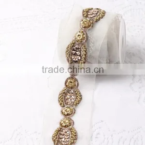 Gold Color Beaded and Sequin Lace Trimming For Dress Wholesale thumbnail-1