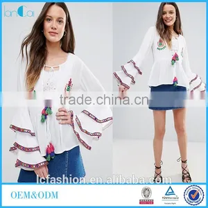 New Designs Fashion Hot Sale Boho Blouse Embroidered Layered Sleeve Women Tops Blouse thumbnail-1