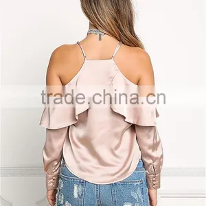 MGOO 2017 Latest Designs Women Satin Blouses Tops Plain Fashion Off Shoulder Crop Custom Ruffles Shirts thumbnail-6