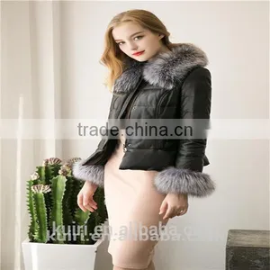 2016 New Women's Winter Fashion Imitation Faux Lether With Soft Faux Fox Fur Long Slim Fit Jacket Coat With Fox Fur Collar thumbnail-2
